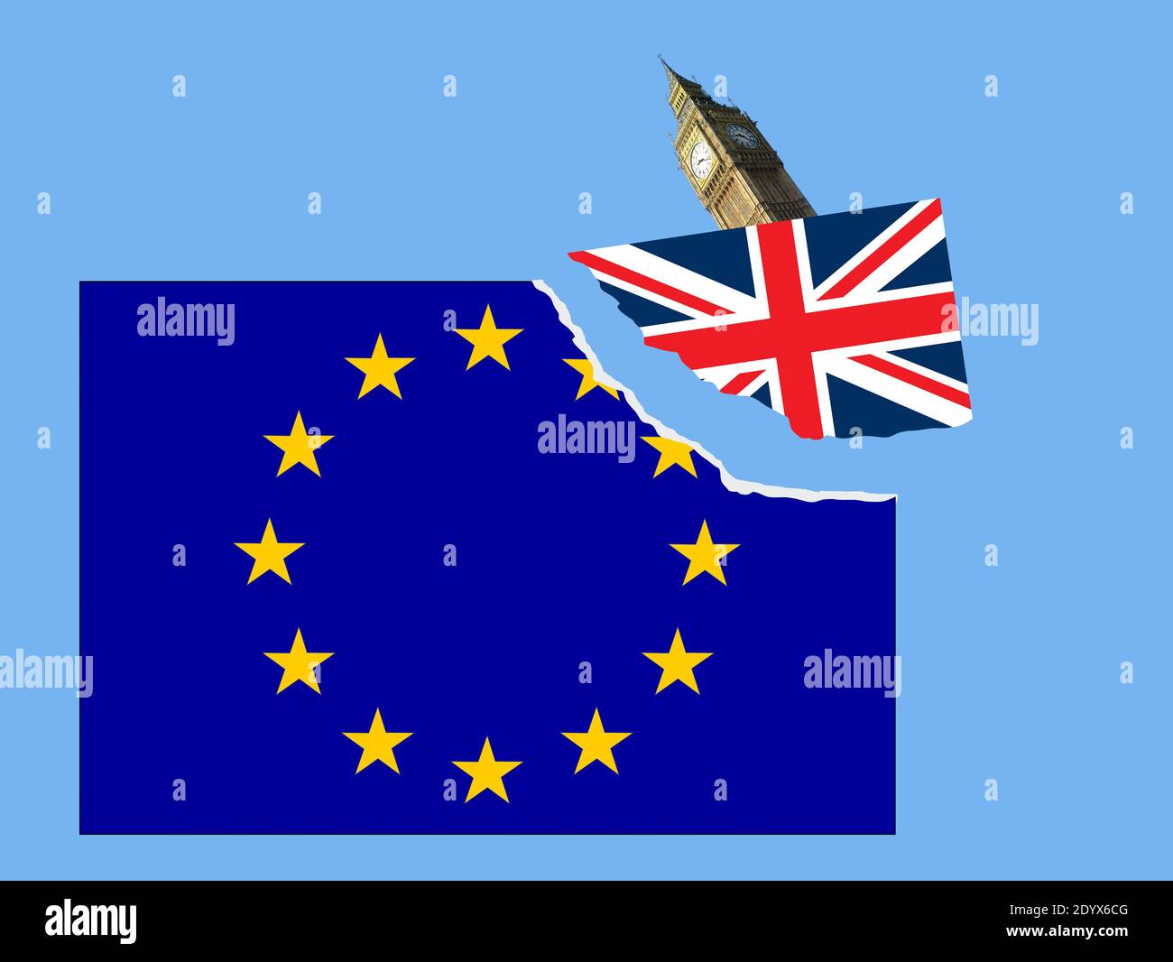 Le drapeau du Royaume-Uni est arraché du drapeau de l'Union européenne. Une petite image de Big Ben derrière le drapeau britannique. Isolé sur fond bleu. Banque D'Images
