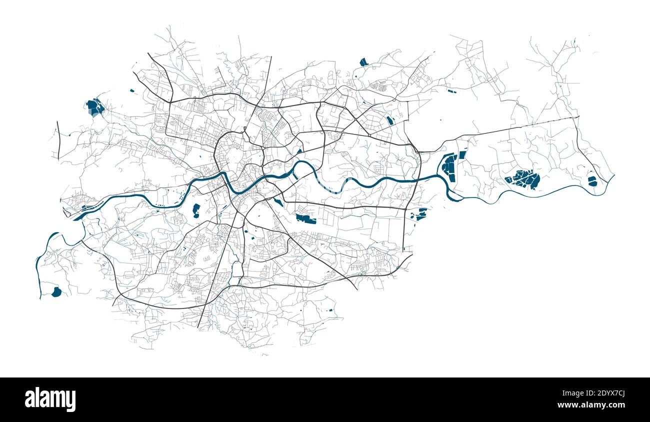 Carte de Cracovie avec routes et rivières, ville commune frontières administratives, design d'art avec gris et bleu sur fond blanc Illustration de Vecteur