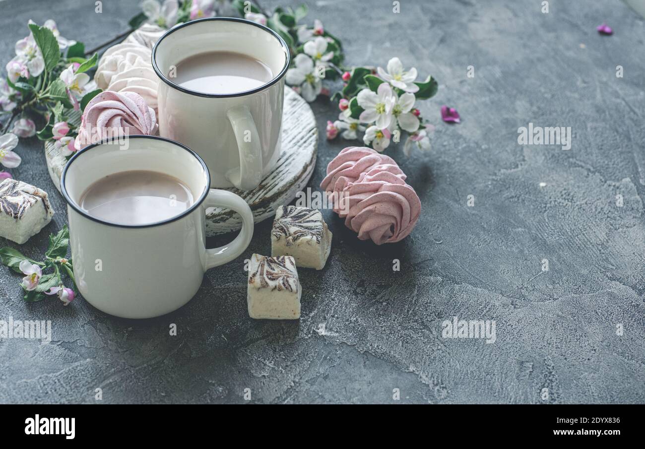 Délicieux zephyr et des tasses avec du cacao à côté du printemps de floraison fleurs Banque D'Images