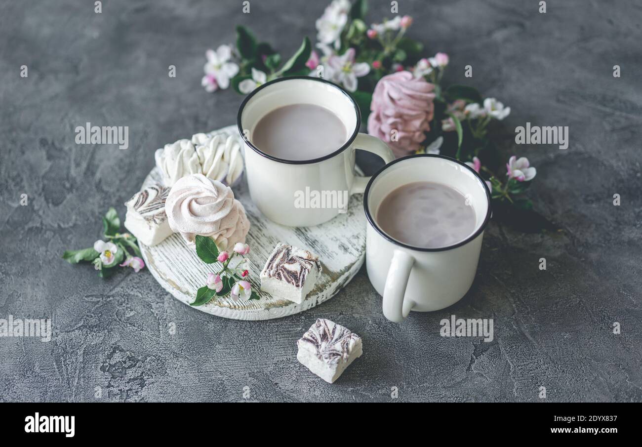 Deux tasses de cacao et de délicieux guimauves Banque D'Images