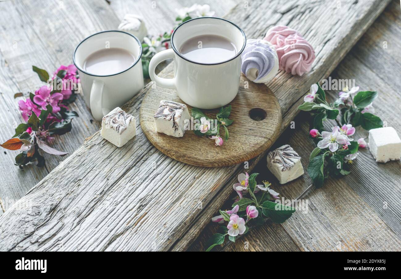 Tasses avec cacao et guimauves et fleurs Banque D'Images