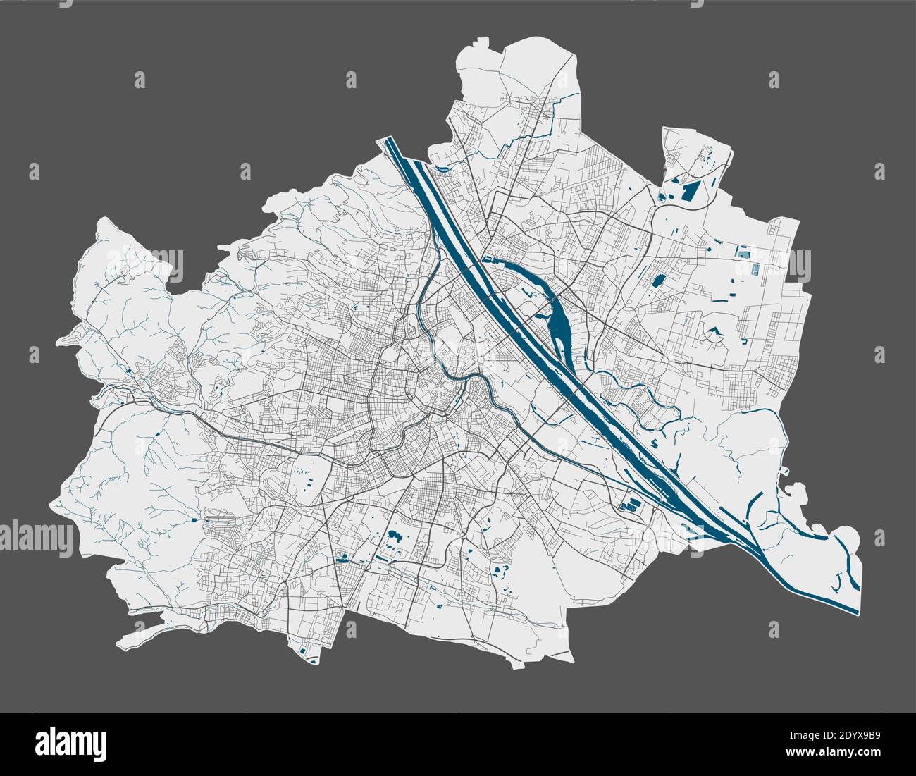 Plan de Vienne. Carte vectorielle détaillée de la zone administrative de la ville de Vienne. Affiche avec rues et eau sur fond gris. Illustration de Vecteur