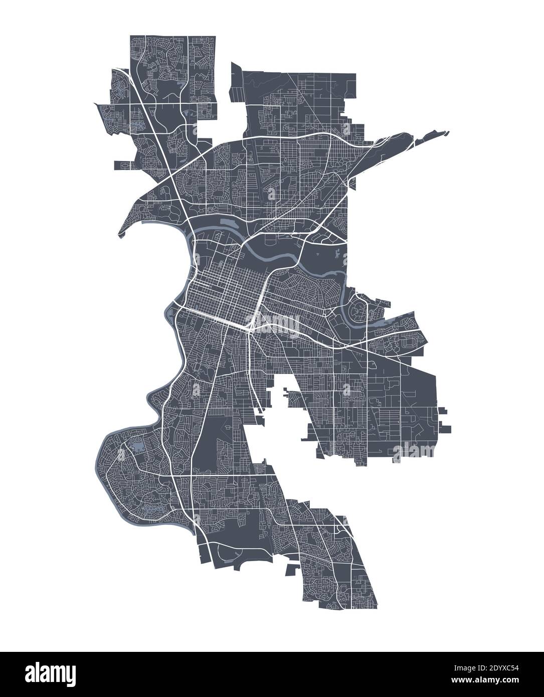 Carte de Sacramento. Carte vectorielle détaillée de la zone administrative de Sacramento. Vue sur l'aria métropolitain avec affiche CityScape. Terre sombre avec rues blanches, roa Illustration de Vecteur
