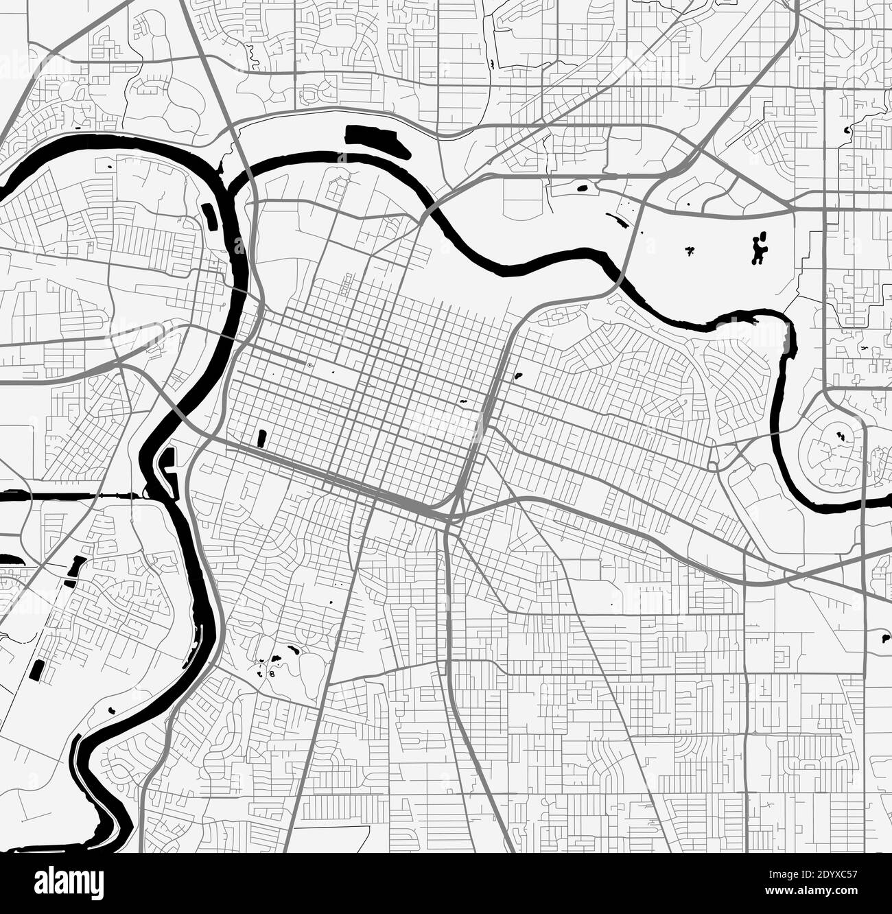 Plan de la ville urbaine de Sacramento. Illustration vectorielle, affiche artistique en niveaux de gris de la carte de Sacramento. Carte des rues avec vue sur les routes et la région métropolitaine. Illustration de Vecteur