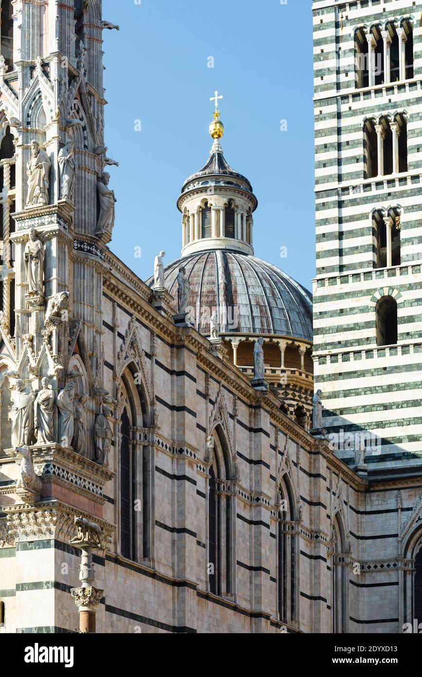 Façade magnifiquement décorée de la cathédrale de Sienne à la lumière du soleil contre le ciel bleu, Toscane, Italie Banque D'Images