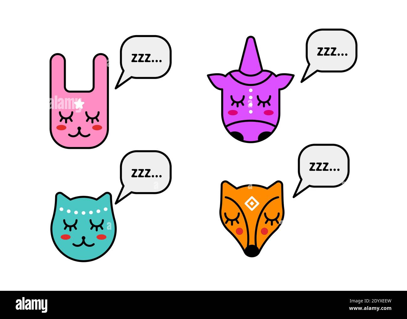 Ensemble mignon personnages animaux dormant, chat, licorne, lièvre, renard isolé sur fond blanc. Têtes d'animaux adorables Illustration de Vecteur