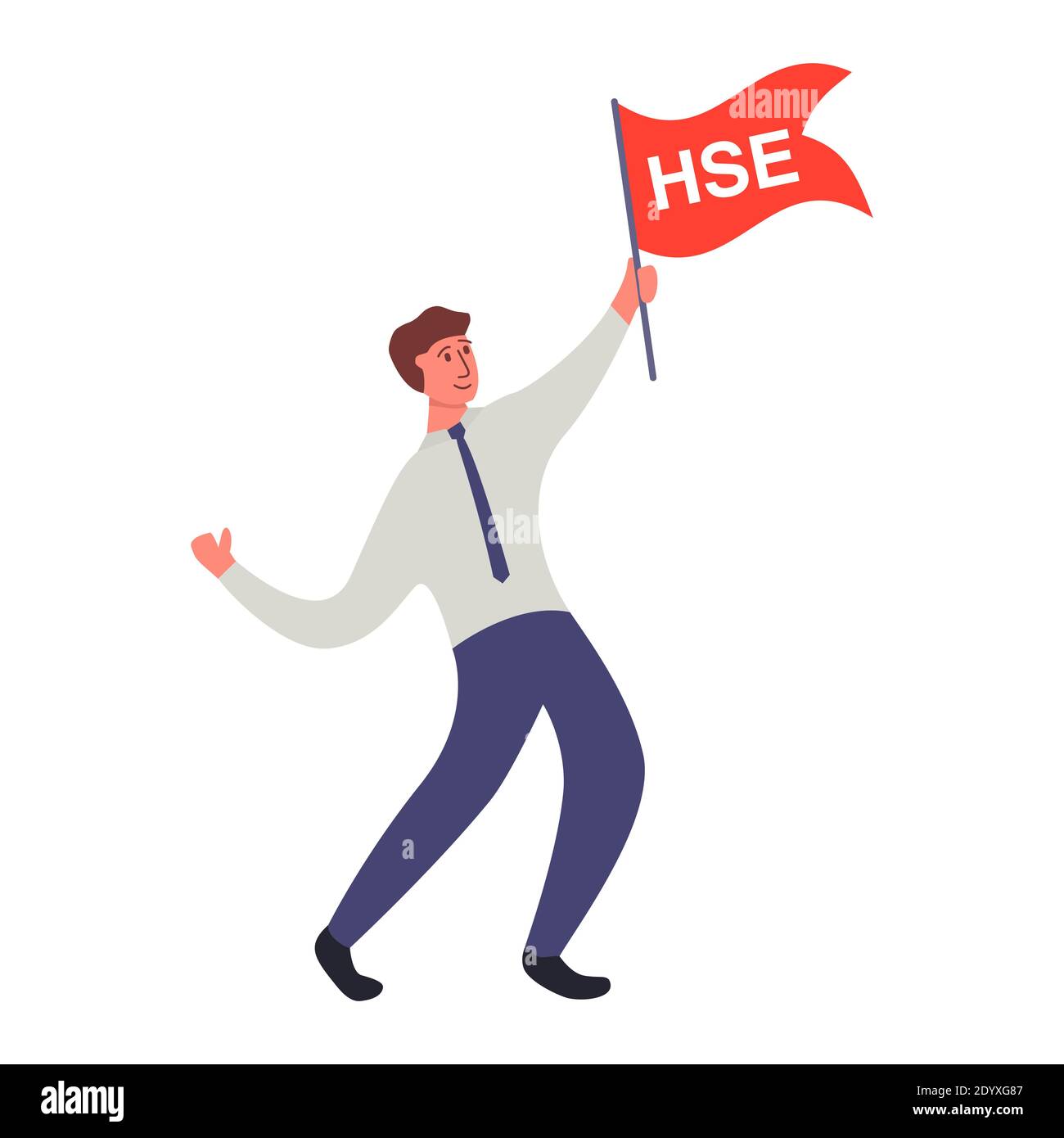 Un homme d'affaires dans une cravate, une chemise et un pantalon agite un drapeau avec l'inscription HSE. Illustration de Vecteur