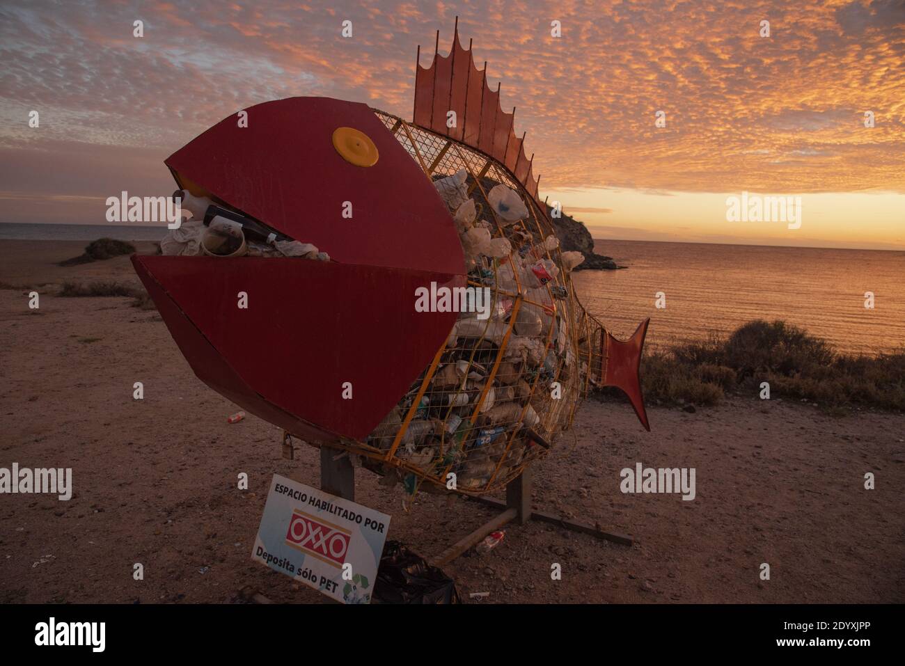 Sur la plage, une grande poubelle en forme de poisson est pleine de déchets Banque D'Images