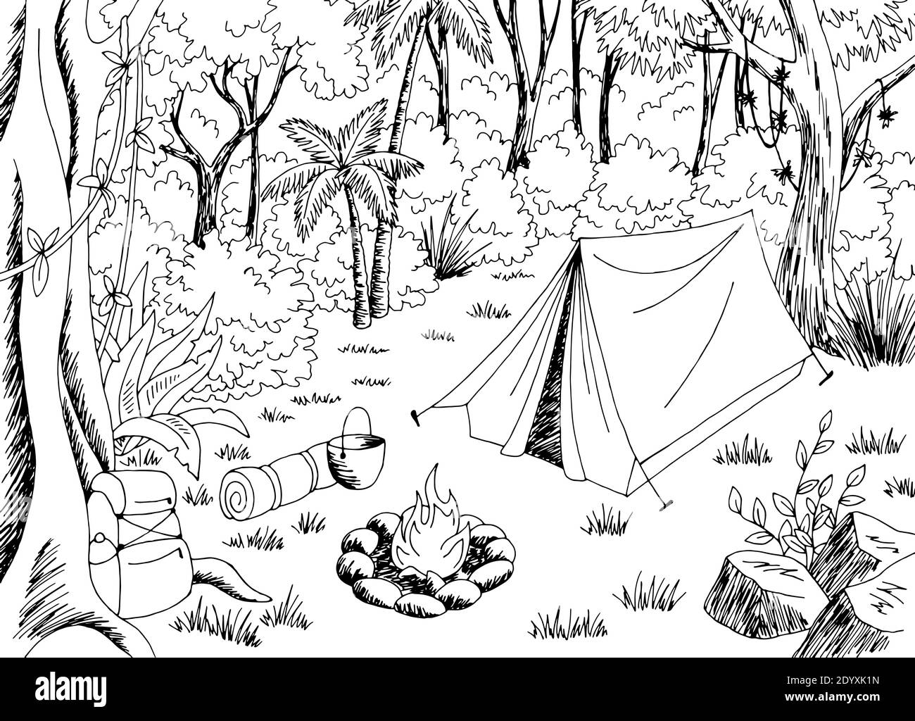 Jungle camping pluie forêt graphique noir blanc paysage dessin illustration vecteur Illustration de Vecteur