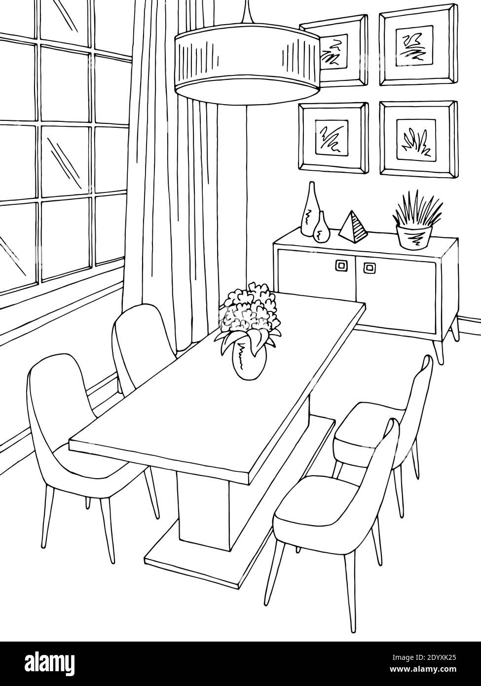 Salle à manger intérieur graphique intérieur noir blanc dessin vertical  illustration vecteur Image Vectorielle Stock - Alamy