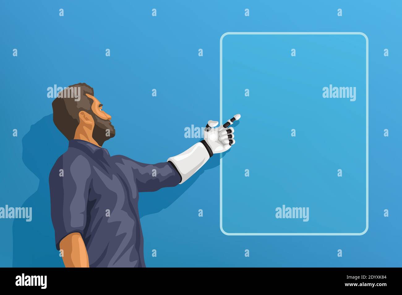 homme avec main robotique blanche sur bleu Illustration de Vecteur