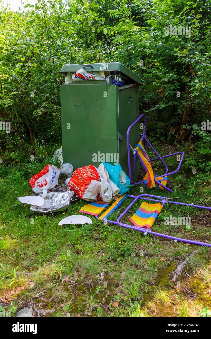 Sacs en plastique et autres déchets dans un bac à déchets débordant dans la nature Banque D'Images