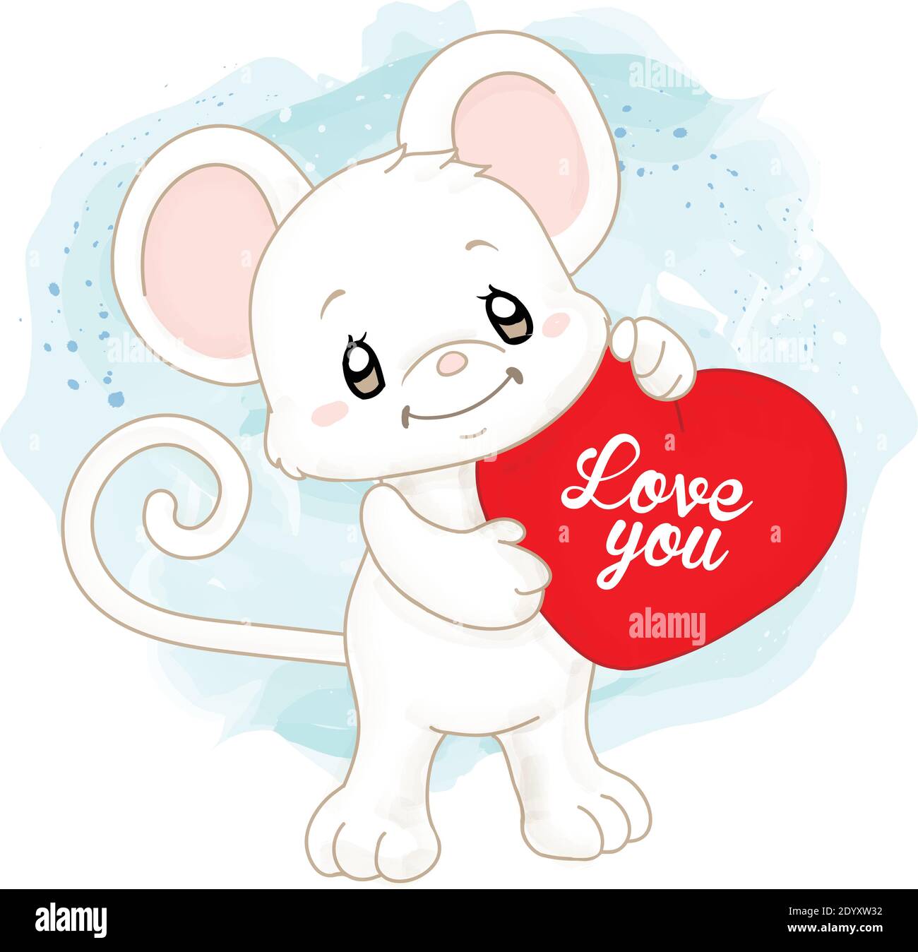 Jolie souris blanche aquarelle avec coussin en forme de coeur Illustration de Vecteur
