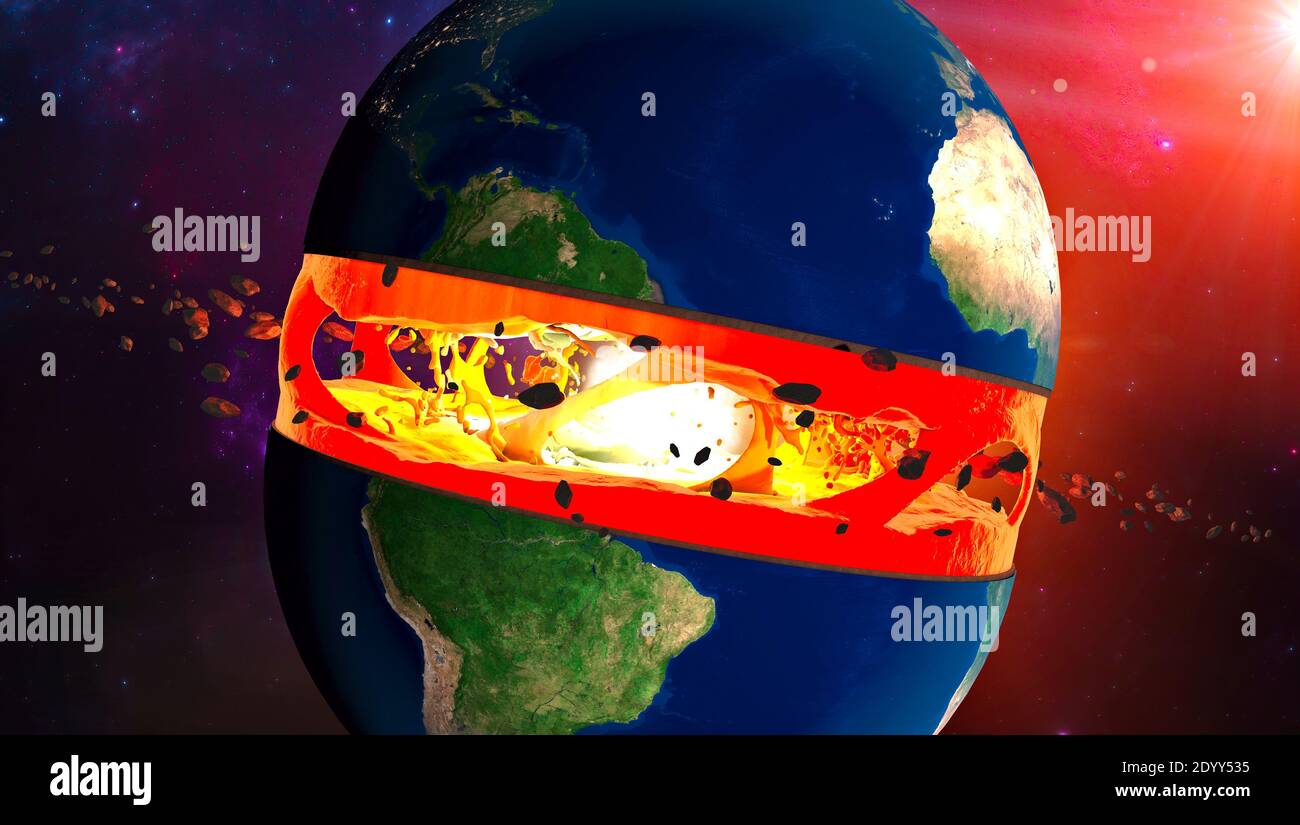 Section de la Terre, couches et noyau. Coupe et section horizontale, vue satellite du continent américain. Explosion et cataclysme. Débris Banque D'Images