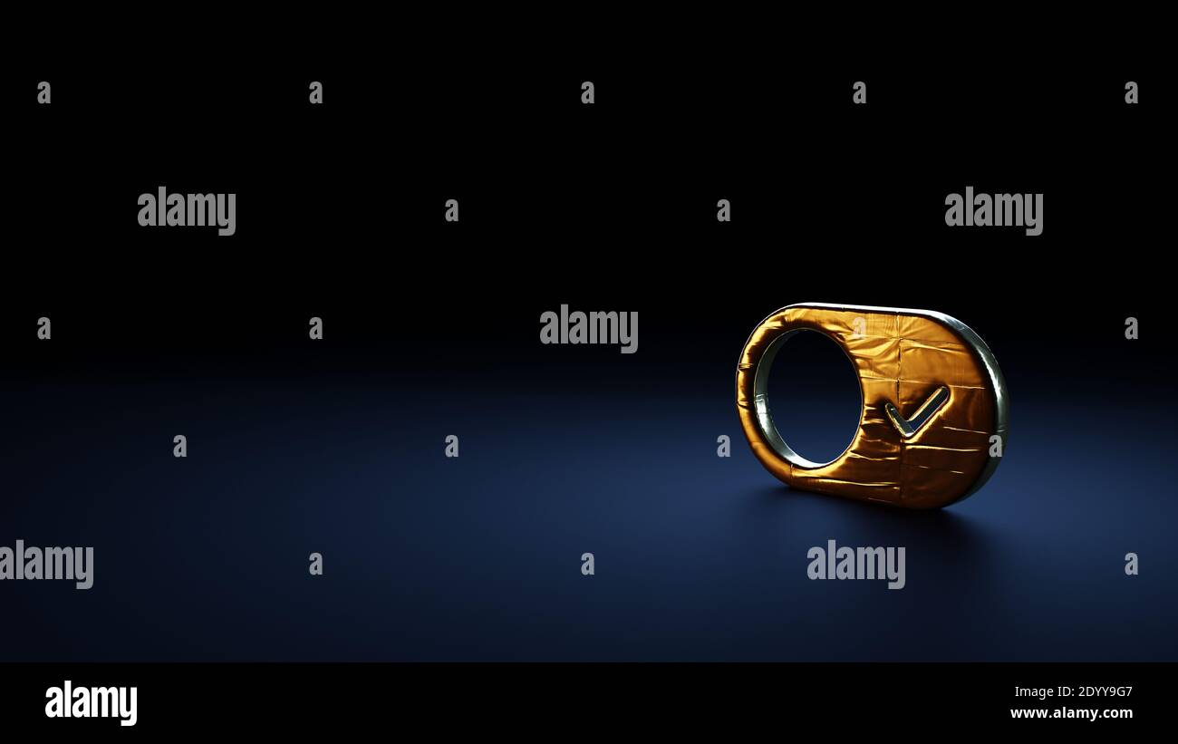 symbole de rendu 3d du bouton de commutation avec coche plaque en feuille thermique dorée sur fond bleu foncé Banque D'Images