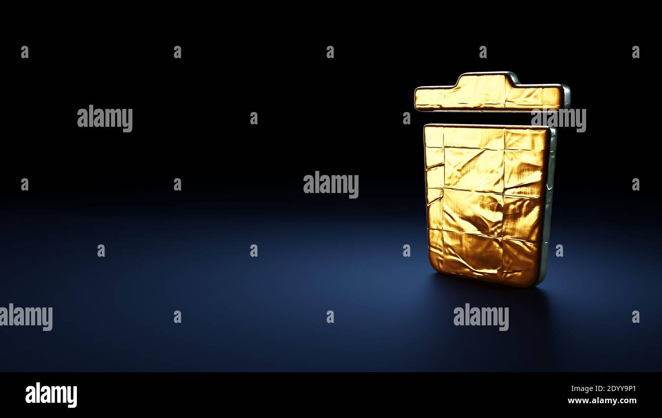 symbole de rendu 3d de la corbeille enveloppée dans un film thermique doré plaque en aluminium sur fond bleu foncé Banque D'Images