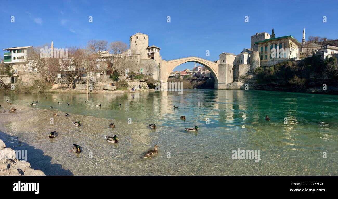 Stari Most (Vieux Pont) paysage panaroma avec les canards sauvages de la ville de Mostar en Bosnie Banque D'Images
