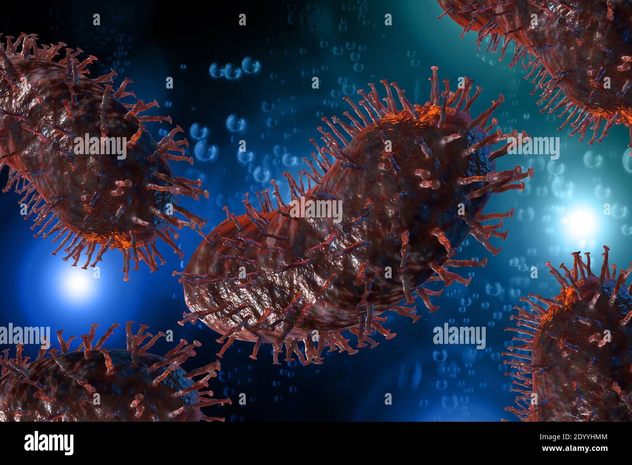 Cellules microscopiques du virus de la rage avec fond rose 3D ...