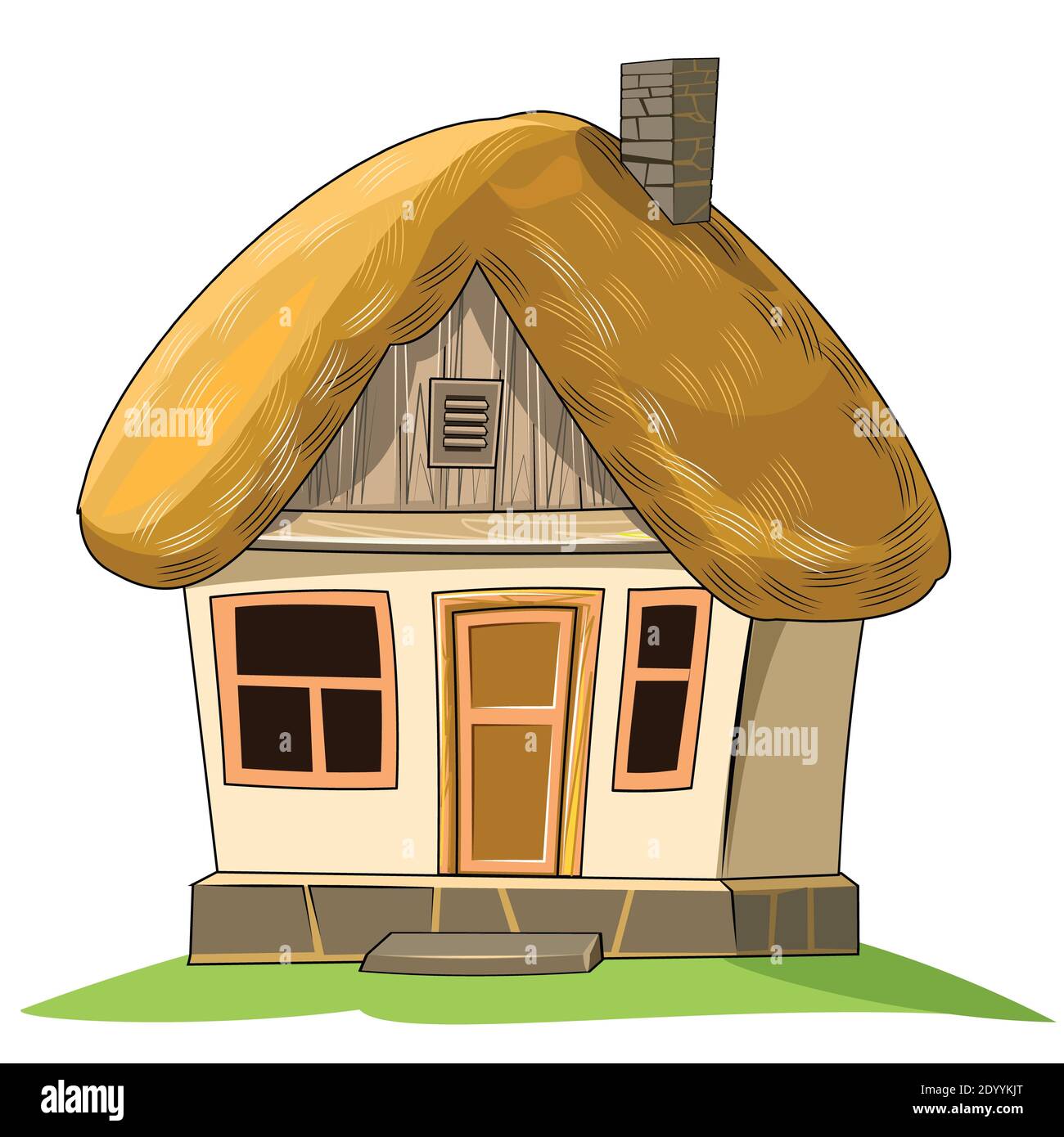 Une vieille maison avec un toit de chaume. Fabuleux objet de dessin animé. Joli style puéril. Une ancienne habitation. Petit, petit. Isolé sur blanc. Banque D'Images
