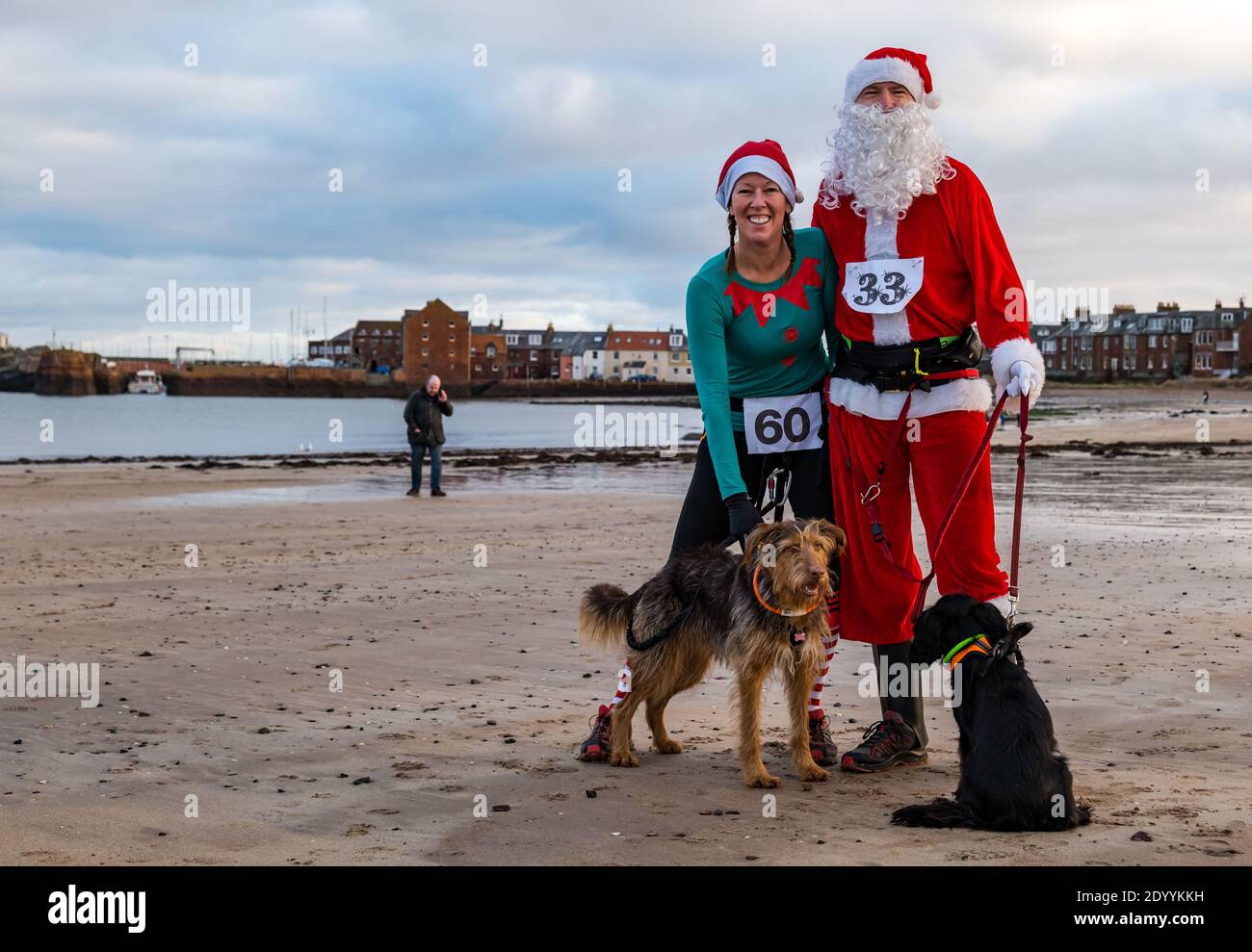 Couple en Santa et costumes de Noël avec des chiens dans une course de charité sur la plage, North Berwick, East Lothian, Écosse, Royaume-Uni Banque D'Images