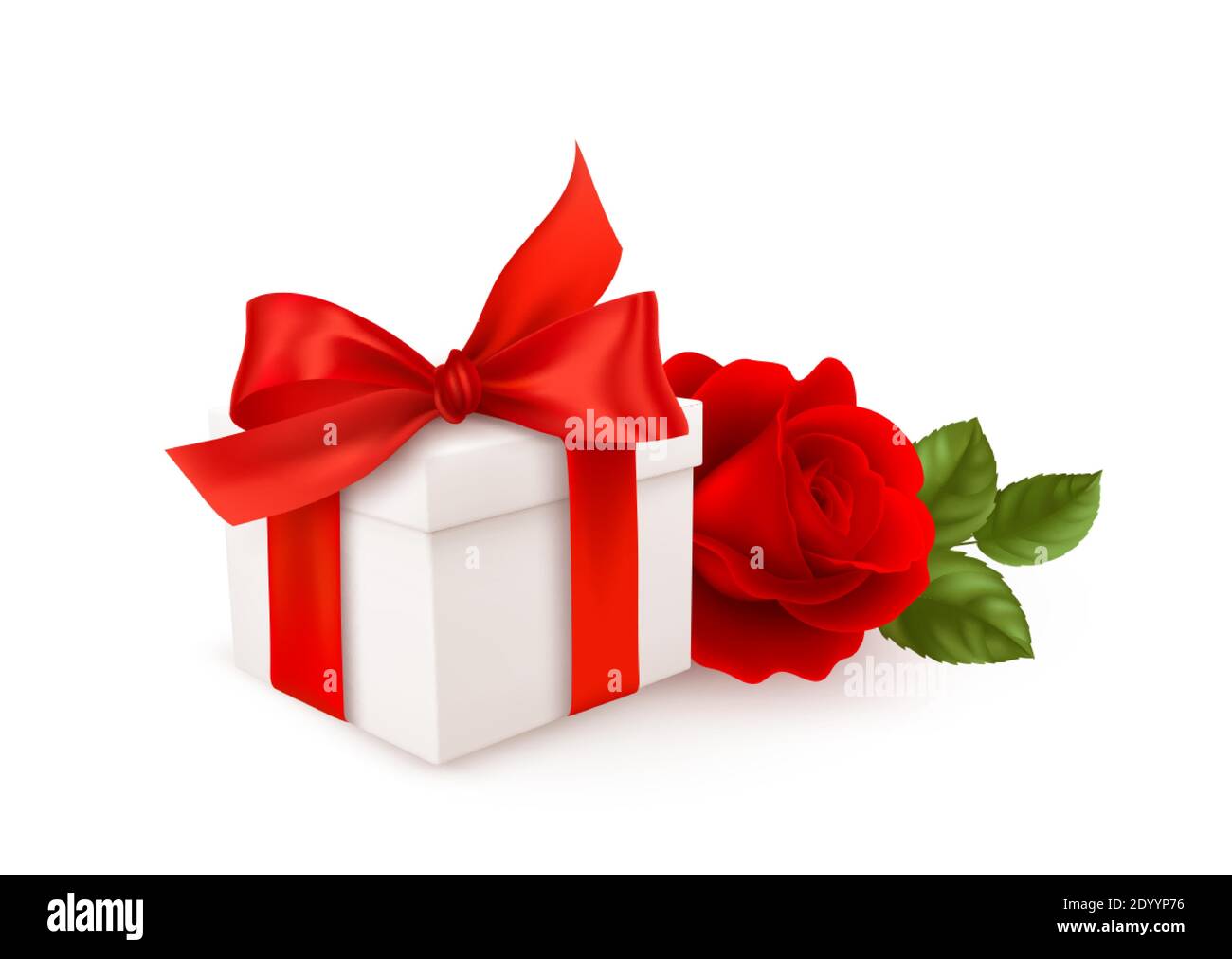 Boîte cadeau blanche réaliste avec ruban rouge et rose rouge isolée sur fond blanc. Élément de conception pour une bonne Saint Valentin. Illustration vectorielle Illustration de Vecteur