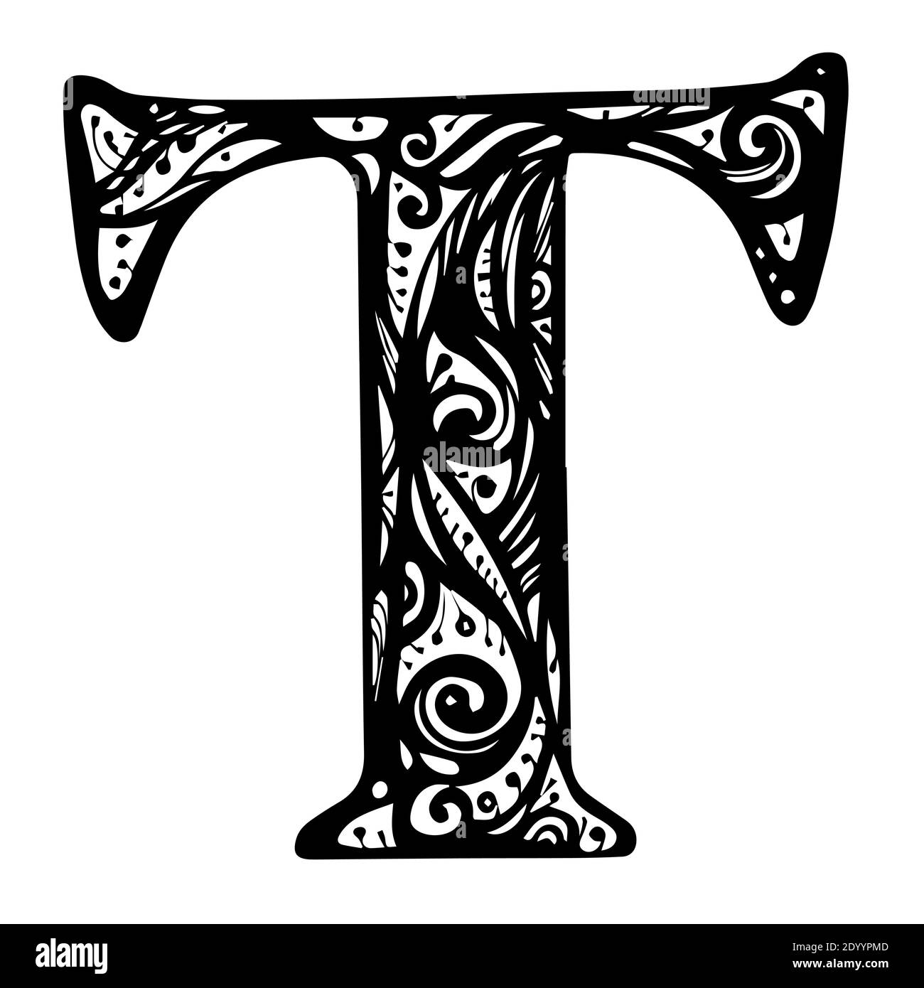 Floral initiale lettre majuscule T. Design Vector with Black Color. Tattoo template ou Calligraphie Typographie Monogram Illustration de Vecteur