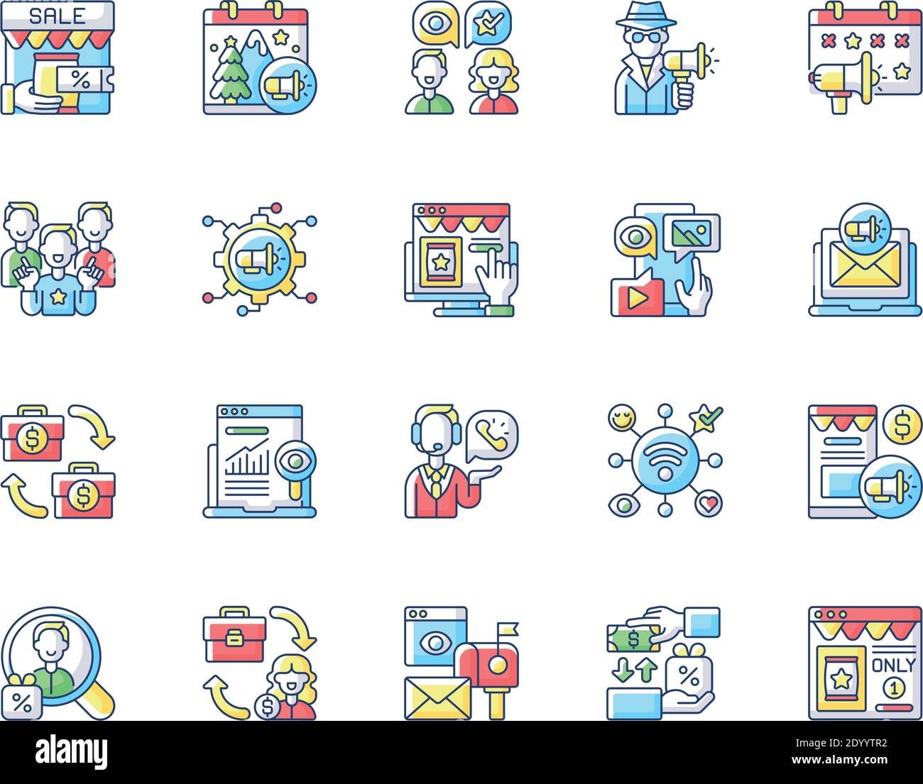 Stratégies marketing jeu d'icônes de couleur RVB Illustration de Vecteur