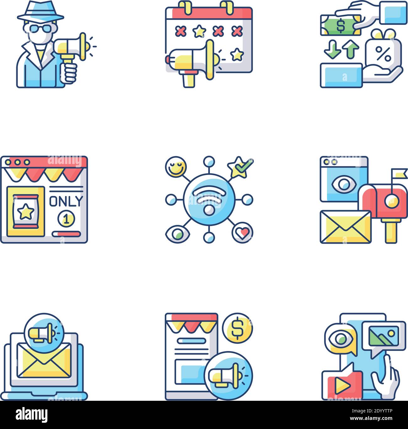 Stratégies marketing jeu d'icônes de couleur RVB Illustration de Vecteur