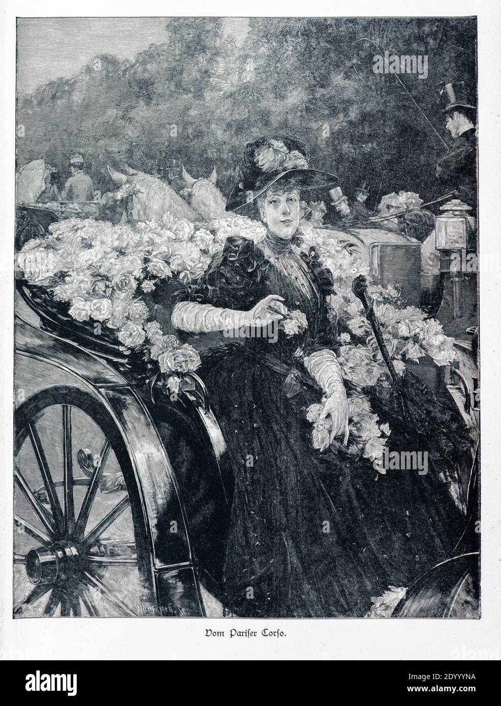 Femme élégamment habillée assise dans un autocar décoré de fleurs, ilustration de 'Die Haupstädte der Welt', Breslau vers 1897 Banque D'Images