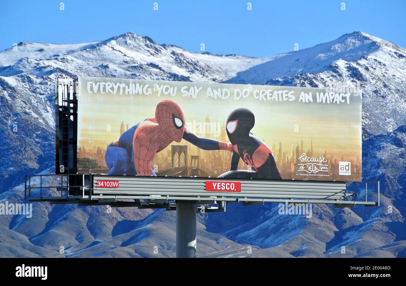 responsabilité sociale panneau d'affichage dans le haut désert du nevada en hiver avec montagnes enneigées en arrière-plan Banque D'Images