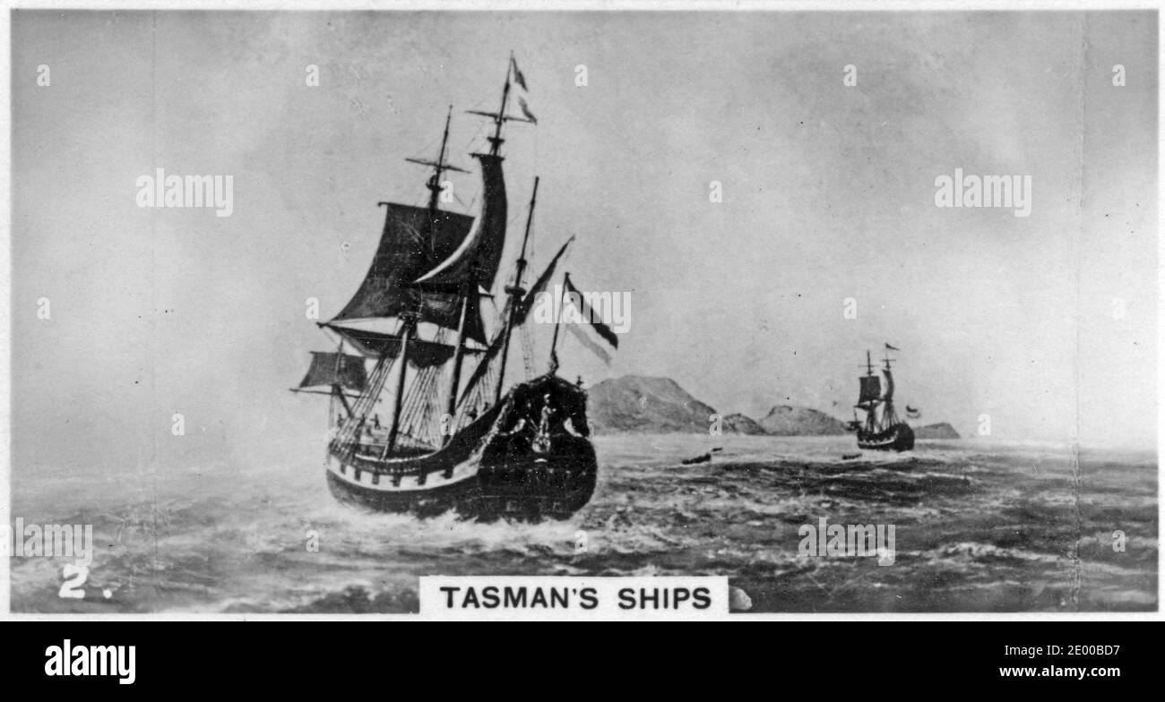 Illustration des navires d'Abel Tasman approchant de la Nouvelle-Zélande; à partir d'une carte à cigarettes imprimée dans les années 1930 Banque D'Images