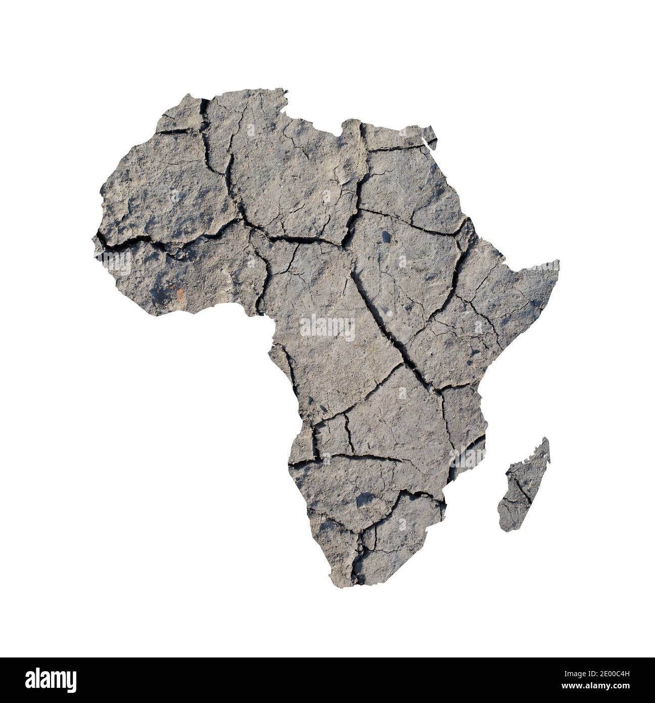 Silhouette de l'Afrique. La carte est remplie avec l'image de la terre sèche. Métaphore des changements climatiques catastrophiques dans la région - sécheresses, terres arides, désertification, Banque D'Images