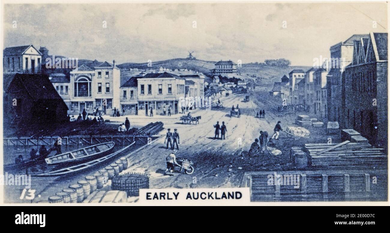 Illustration de l'époque pionnière à Auckland en Nouvelle-Zélande; à partir d'une carte à cigarettes imprimée dans les années 1930 Banque D'Images