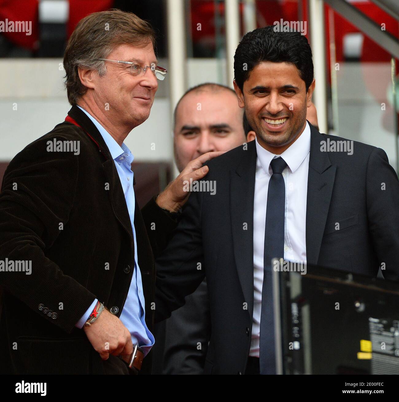 Herve Bazin et Nasser El Khelaifi lors du match de football de la première Ligue française, Paris Saint-Germain contre SC Bastia au Parc des Princes à Paris, France, le 19 octobre 2013. Photo de Christian Liewig/ABACAPRESS.COM Banque D'Images