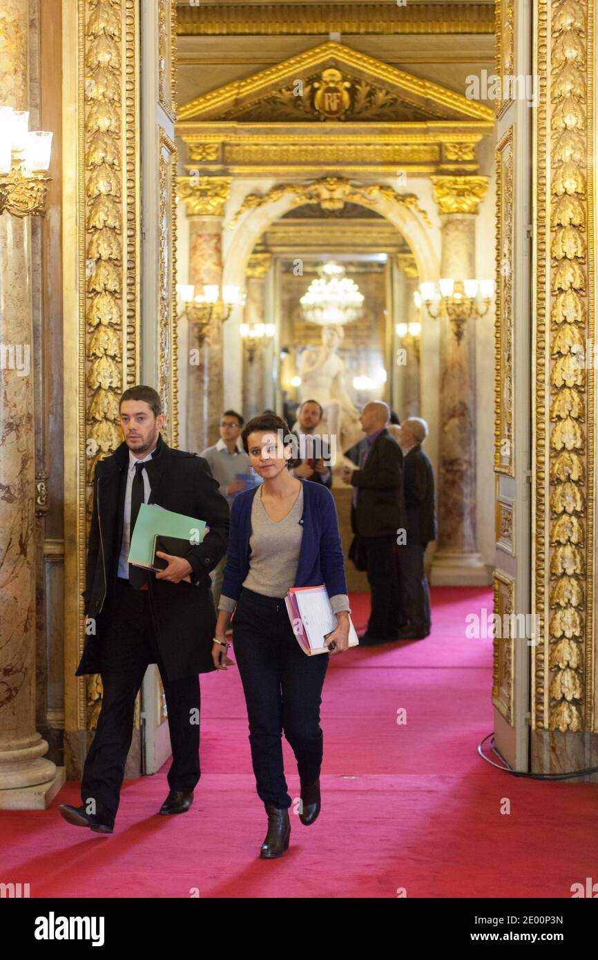 La ministre junior des droits de la femme et porte-parole du gouvernement, Najat Vallaud-Belkacem, photographié, arrivant au Sénat pour l'heure des questions ( QAG ), à Paris, en France, le 31 octobre 2013. Photo de Romain BoE/ABACAPRESS.COM Banque D'Images