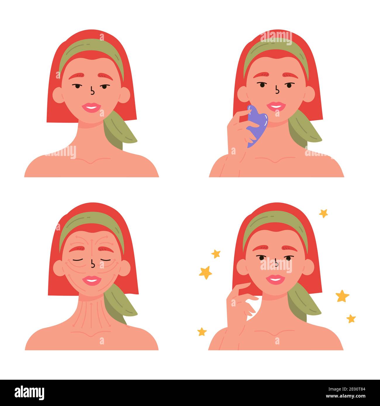 Méthode de soin de la peau anti-âge étape par étape. Gua Sha. Illustration de Vecteur