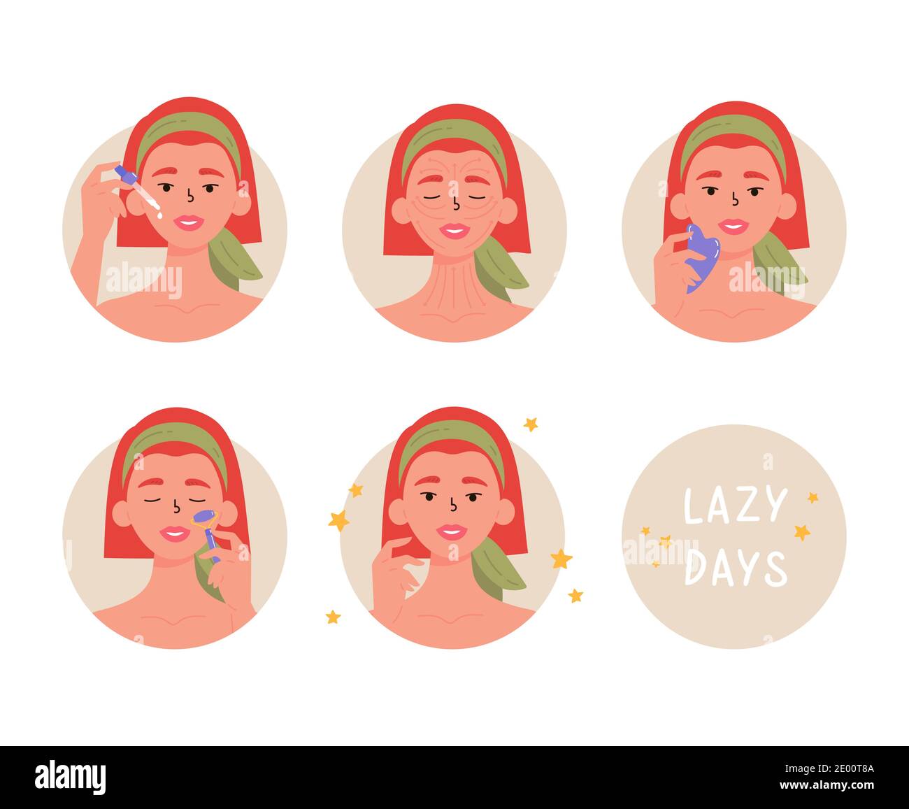 Méthode de soin de la peau anti-âge étape par étape. Gua Sha. Illustration de Vecteur