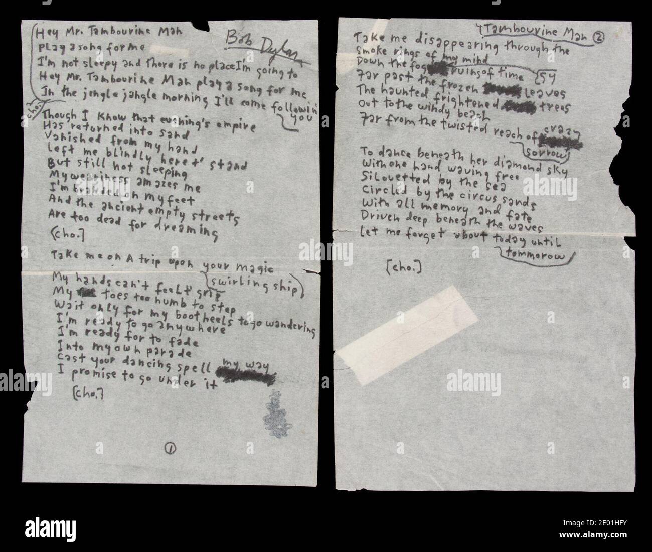 Bob Dylan manuscrit 'Mr. Les paroles de Tambourine Man sont exposées dans  les prochaines Icons & idoles : vente aux enchères Rock 'n' Roll à New York  pour un aperçu des médias