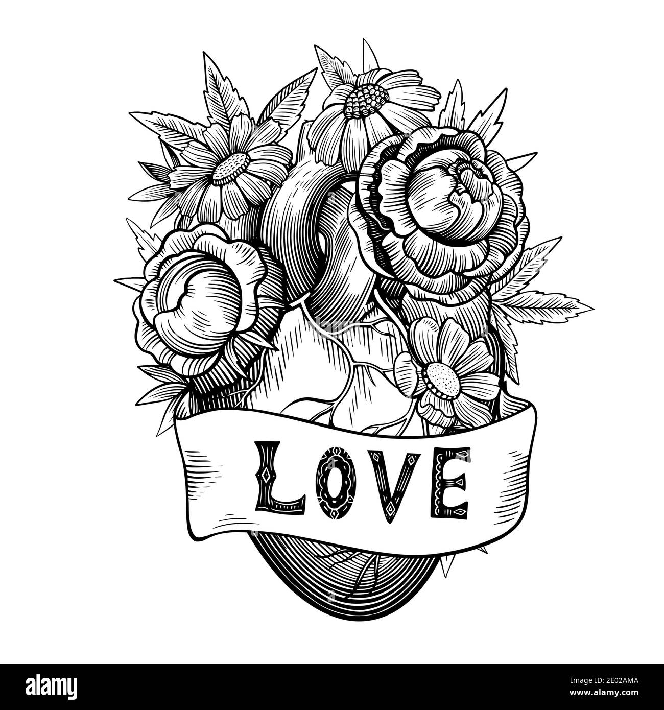 Illustration vintage de coeur avec fleurs et ruban dans le style de gravure  tatouage. Dessin vectoriel noir et blanc Image Vectorielle Stock - Alamy