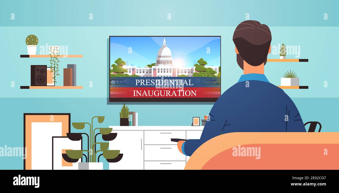 Homme regardant la télévision avec capitol White House Building USA Presidential jour d'inauguration célébration concept salon intérieur portrait horizontal vecteur illustration Illustration de Vecteur