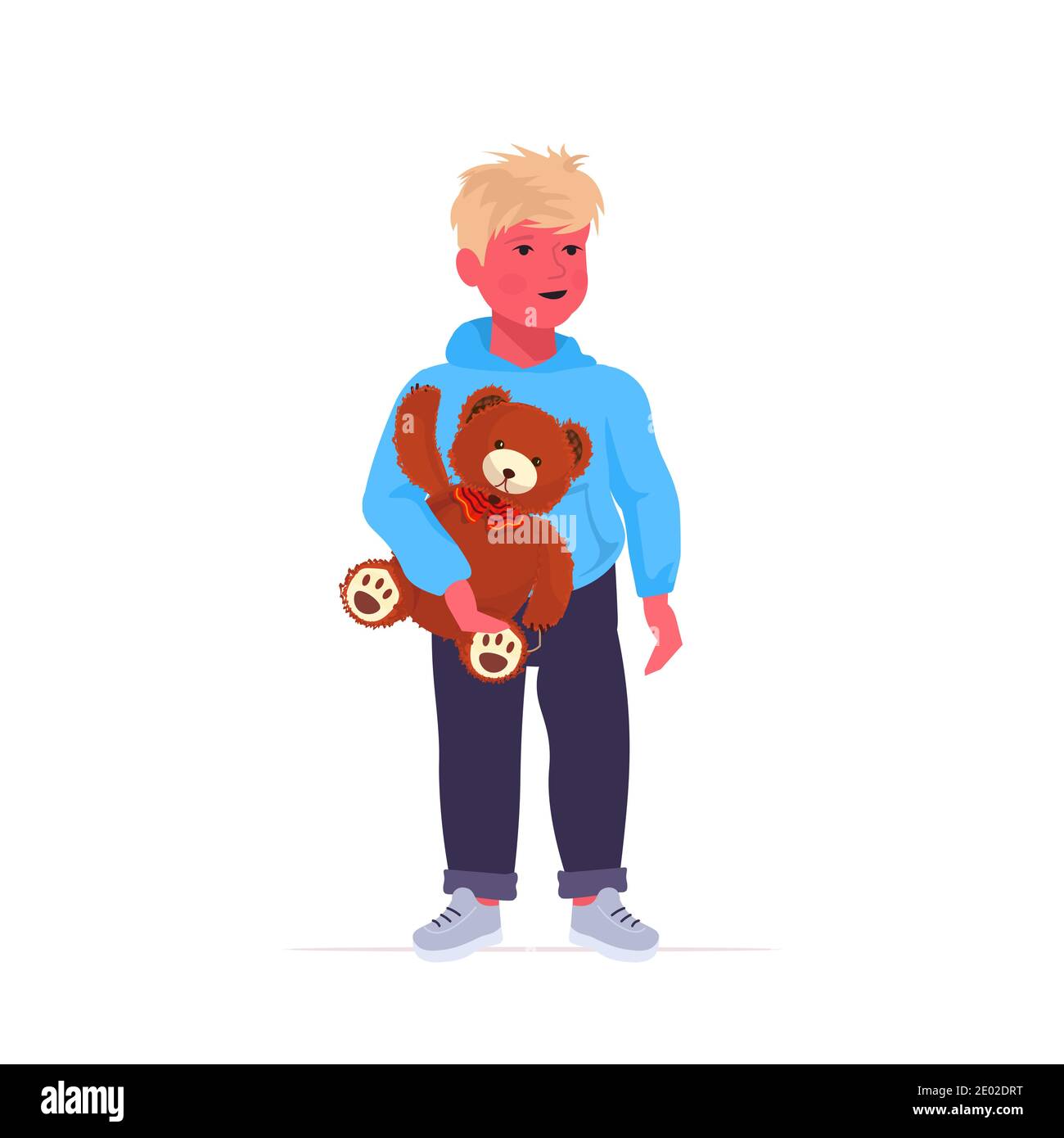petit garçon tenant un ours en peluche mignon enfant debout pose mâle illustration vectorielle pleine longueur de personnage de dessin animé Illustration de Vecteur