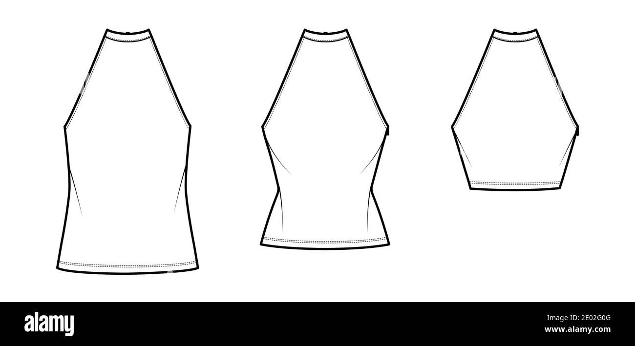 Ensemble de hauts tanks dos-nu à col haut illustration technique de la mode avec noeud, étroit, coupe large, taille, longueur de coupe courte. Modèle de vêtement extérieur plat à l'avant, couleur blanche. Femmes hommes maquette CAD Illustration de Vecteur