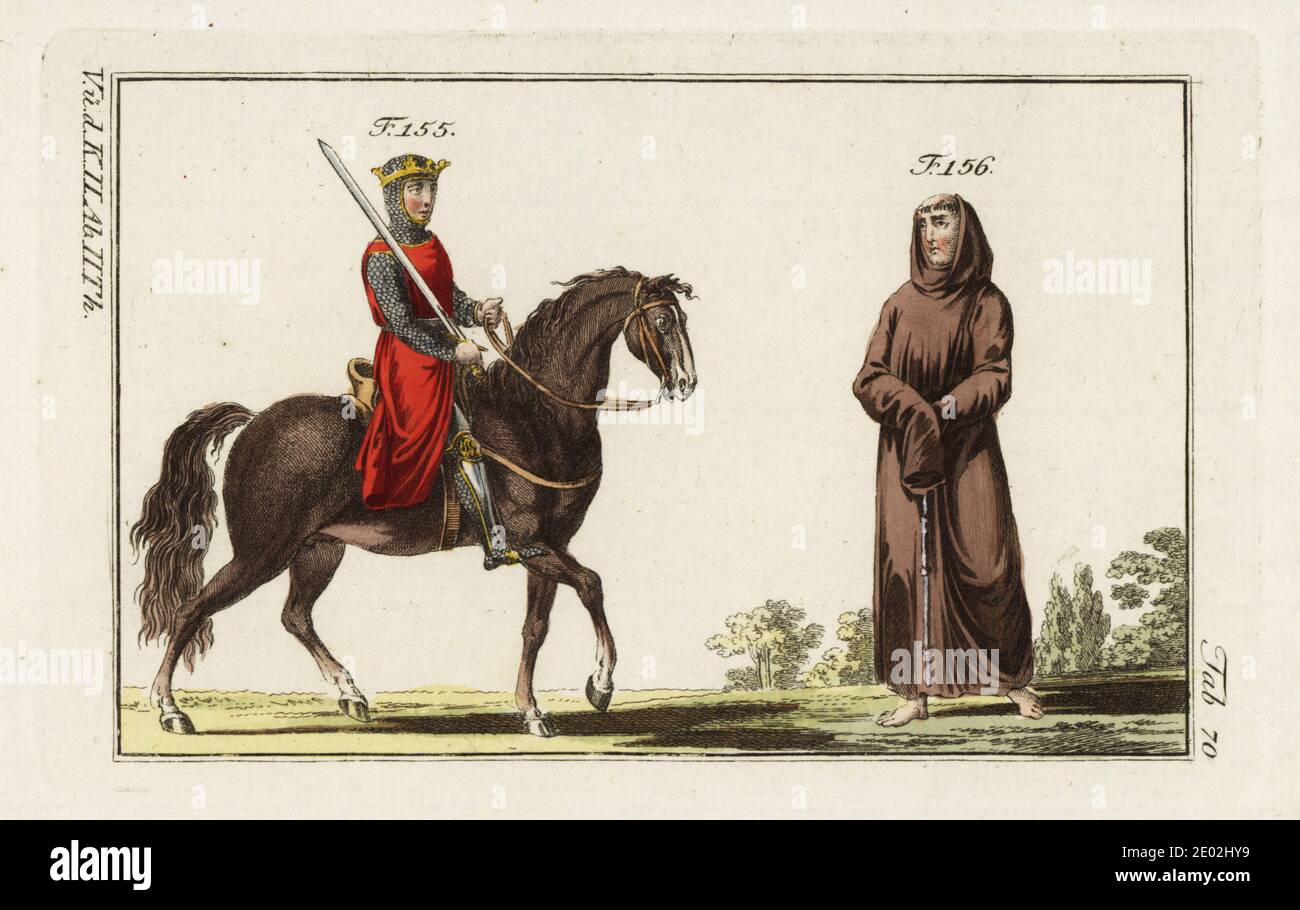 Roi normand à cheval et moine, XIIe siècle. Le roi porte une couronne sur  un costume de chamaille d'armure avec cagoule ou coif, cramoisi surtout et  épée 155. Le moine normand porte