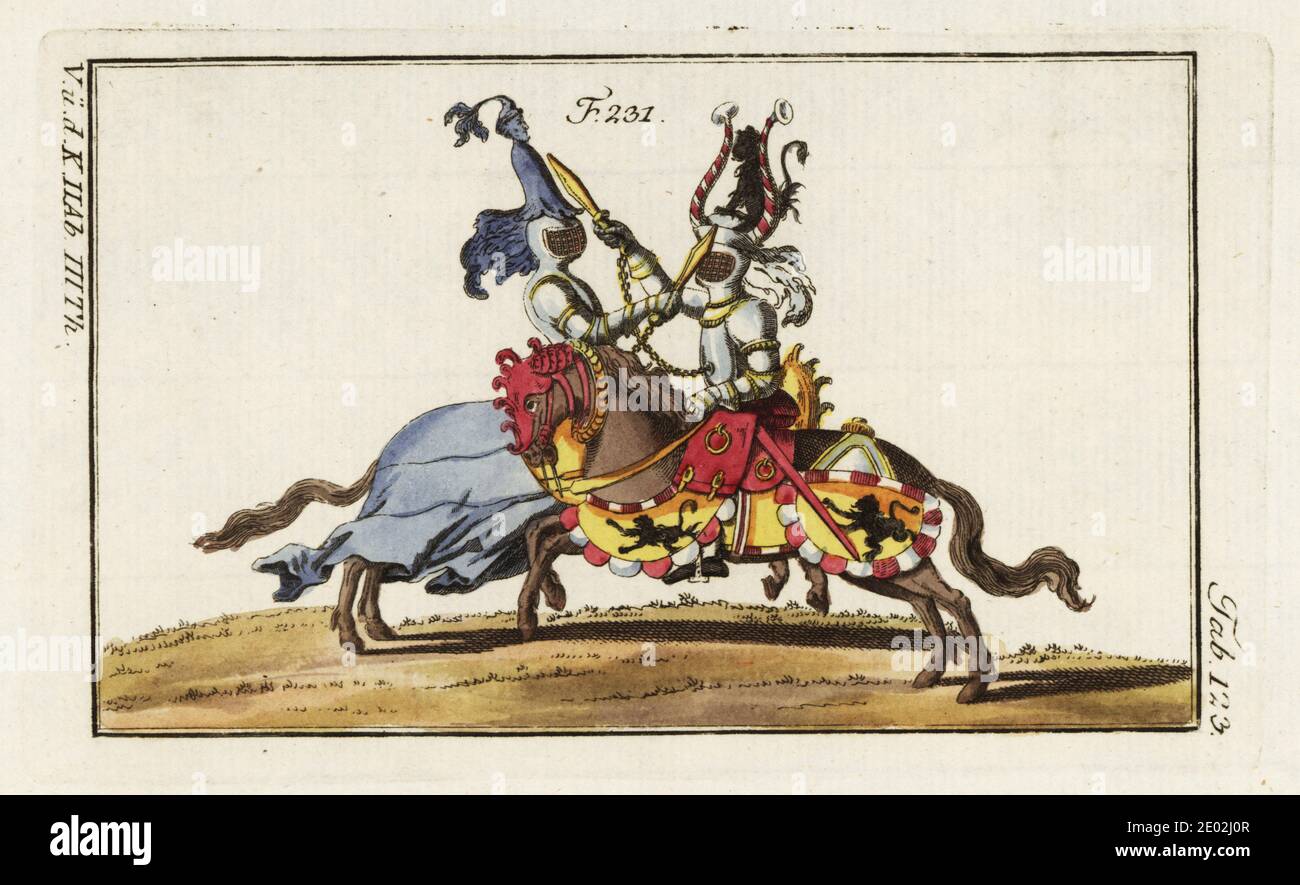 Deux chevaliers montés en armure dans un duel de tournoi avec des cudgels. Le cudgel est attaché par une chaîne à la poitrine du chevalier. Le pilote de gauche porte des couleurs bleu pâle et un casque orné d'une figure bleue d'un homme sur le dessus, tandis que le cavalier à droite a des lions noirs rampants sur un sol jaune sur sa caparison de cheval et un lion assis entre deux cornes sur son casque. D'un manuscrit du XVIe siècle, Turnierbuch, compilé pour Jeremias Schemel. Gravure en coperplate de couleur main de Robert von Spalaart photo historique des costumes des principaux peuples de l'Antiquité et du Moyen-ORIENT Banque D'Images