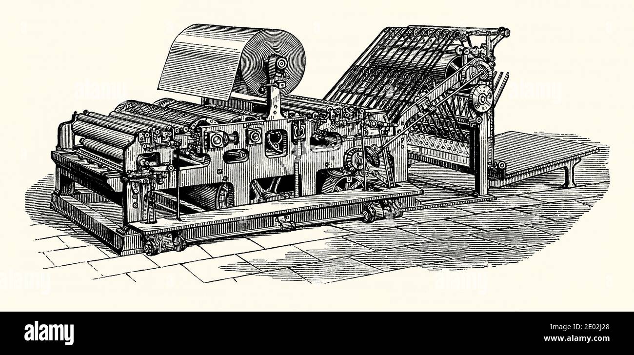 Une ancienne gravure de la machine d'impression de pointe de Hoe de 1871. Il est issu d'un livre victorien d'ingénierie mécanique des années 1880. Une presse d'impression rotative est une presse d'impression dans laquelle le type et les images à imprimer sont incurvés autour d'un cylindre. Les presses d'impression utilisant des rouleaux continus sont parfois appelées presses "web". Richard March Hoe (1812–1886) est un inventeur américain de New York qui a conçu des presses à imprimer rotatives, dont la « presse à perfectionner Web Hoe » en 1871, qui a utilisé un rouleau de papier continu et a révolutionné l'édition de journaux. Banque D'Images