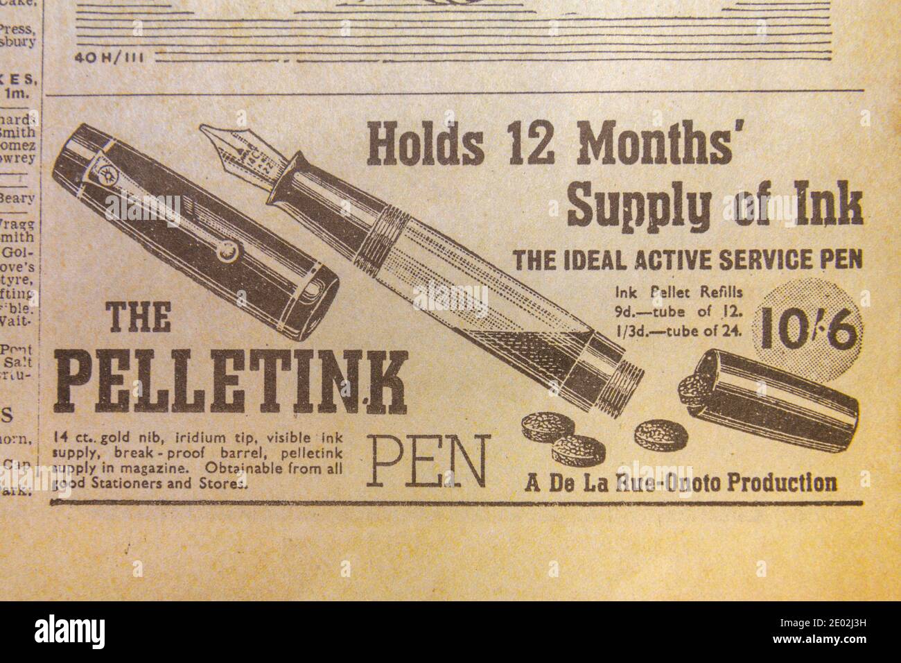 Publicité pour le Pelletink Pen dans le quotidien Express (réplique) le 31 mai 1940 lors de l'évacuation de Dunkerque. Banque D'Images