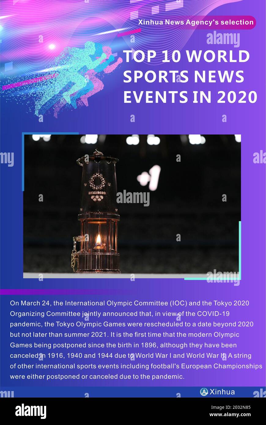 (201229) -- BEIJING, le 29 décembre 2020 (Xinhua) -- le 24 mars, le Comité International Olympique (CIO) et le Comité d'Organisation de Tokyo 2020 ont annoncé conjointement que, compte tenu de la pandémie COVID-19, les Jeux Olympiques de Tokyo ont été reprogrammés à une date postérieure à 2020, mais au plus tard à l'été 2021. C'est la première fois que les Jeux Olympiques modernes sont reportés depuis la naissance de 1896, bien qu'ils aient été annulés en 1916, 1940 et 1944 en raison de la première et de la deuxième Guerre mondiale Une série d'autres manifestations sportives internationales, y compris les championnats d'Europe de football, ont été soit reportées, soit cace Banque D'Images