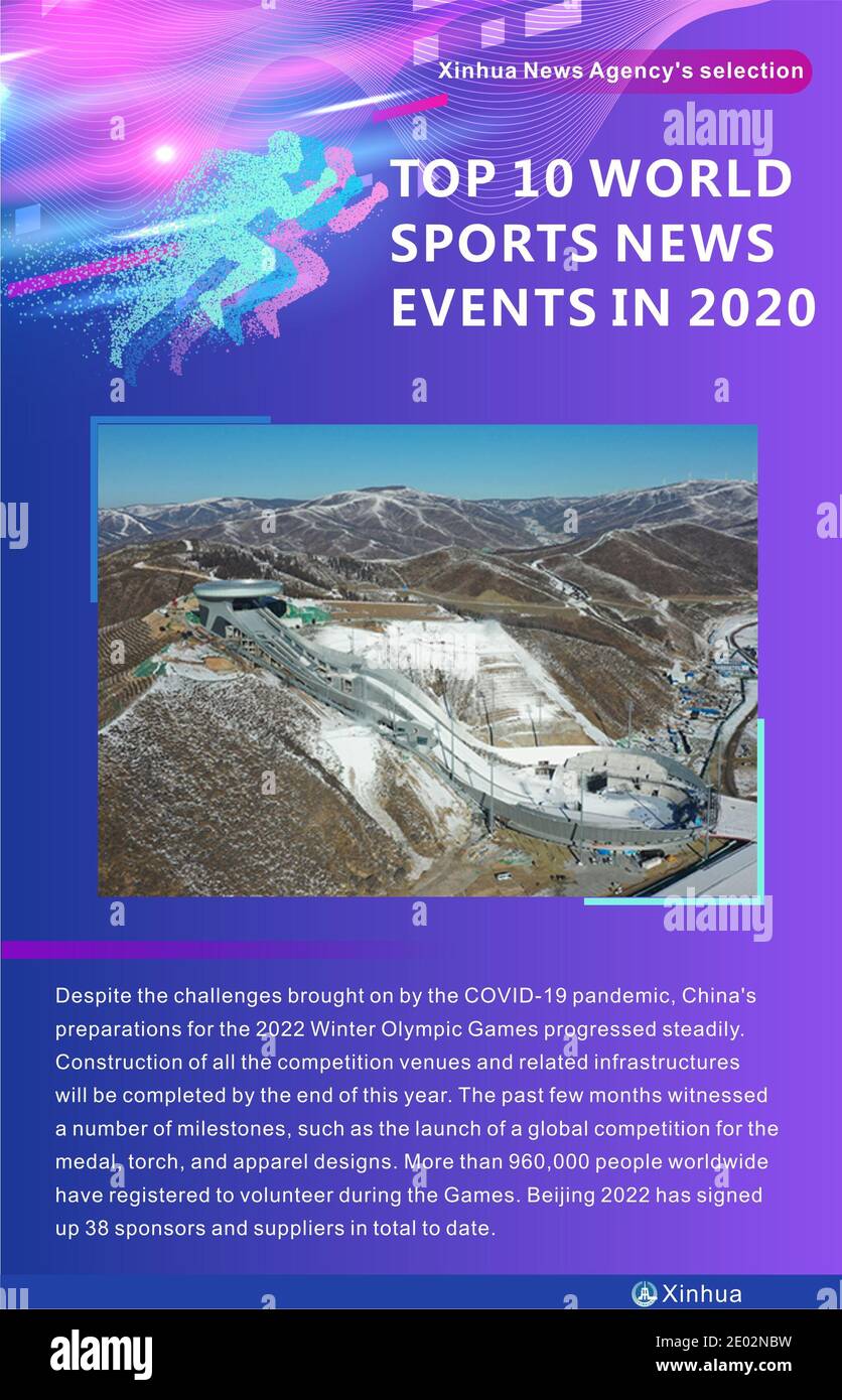 (201229) -- BEIJING, 29 décembre 2020 (Xinhua) -- malgré les défis posés par la pandémie COVID-19, les préparatifs de la Chine pour les Jeux Olympiques d'hiver de 2022 ont progressé régulièrement. La construction de tous les sites de compétition et des infrastructures connexes sera achevée d'ici la fin de l'année. Ces derniers mois ont été témoins de plusieurs étapes importantes, comme le lancement d'une compétition mondiale pour les modèles de médailles, de flambeaux et de vêtements. Plus de 960,000 000 personnes dans le monde se sont inscrites au bénévolat pendant les Jeux. Beijing 2022 a signé au total 38 sponsors et fournisseurs à ce jour. (Xinhua/Xu Banque D'Images
