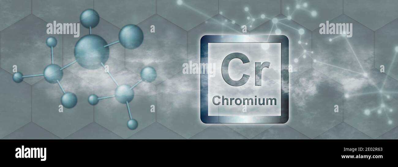Symbole CR. Élément chimique en chrome avec molécule et réseau sur fond gris Banque D'Images