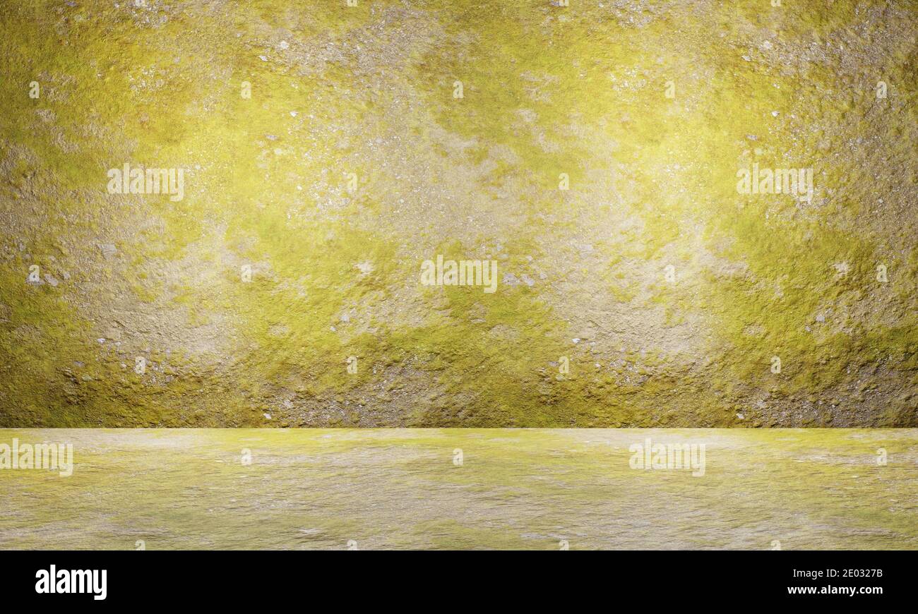 Mur et sol en plâtre en béton moussy vert. Design intérieur vide. Arrière-plan de texture grundy ancien Banque D'Images